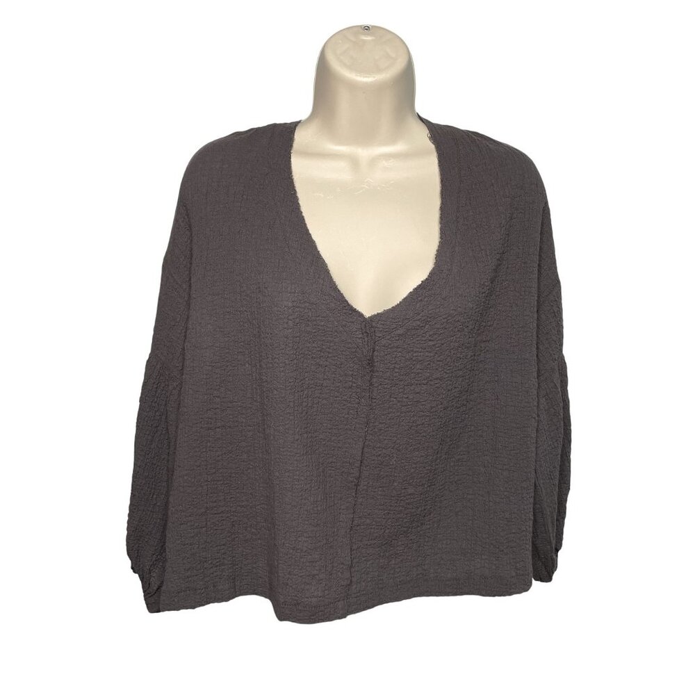 Womens Grade & Gather Peasant Rippled Shirt Gray Relaxed Fit Size Medium u